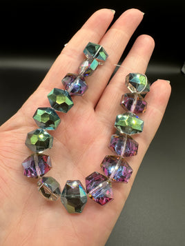 Iridescent Faceted Glass Bead Strand – Purple & Green Geometric Glass Beads for Jewelry Making