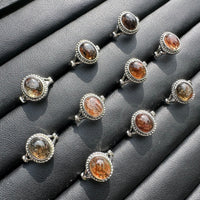 Natural Rutile Quartz Adjustable Stainless Steel Ring – Oval Cabochon – Golden Rutilated Quartz