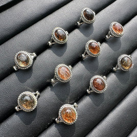 Natural Rutile Quartz Adjustable Stainless Steel Ring – Oval Cabochon – Golden Rutilated Quartz