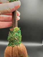 Natural Clear Quartz Crystal Palm Broom with Green Moss & Woodland Décor
