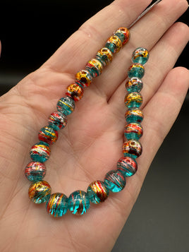 Aqua Confetti Glass Graduated Bead Strand – Metallic Round Jewelry Making Beads