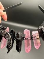 Pink & Black Handmade Natural Crystal Crown Headband – Aura-Coated Crystal Points & Crescent Moon