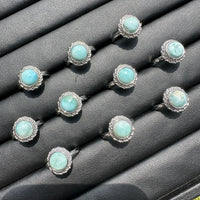 Natural Larimar Adjustable Stainless Steel Ring – Round Cabochon Gemstone Ring