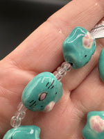 Turquoise Cat Face Ceramic Bead Strand – Hand-Painted Jewelry Making Beads