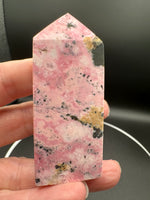 Rhodochrosite Four-Sided Tower #5 – Pink, Cream & Dark Matrix Crystal Point