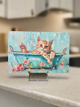 Cute Kitten in Tub with Flowers Novelty Tin Sign