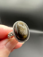 Natural Gold Sheen Obsidian Adjustable Stainless Steel Ring – Oval Cabochon Gemstone Ring