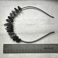 Rainbow & Black Handmade Natural Crystal Crown Headband – Aura-Coated Crystal Points & Crescent Moon