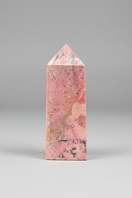 Rhodochrosite Four-Sided Tower #4 – Pink Swirls & Dark Matrix Crystal Point