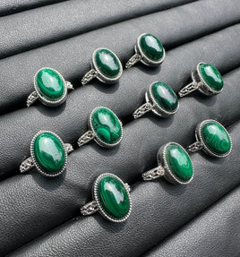 Natural Malachite Adjustable Stainless Steel Ring – Oval Gemstone Cabochon Ring