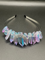 Pastel Rainbow Handmade Natural Crystal Crown Headband – Aura-Coated Crystal Points &  Crescent Moon