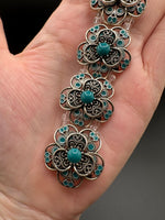 Antique Silvertone Floral Connector Strand with Turquoise-Color Accents