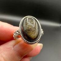Natural Gold Sheen Obsidian Adjustable Stainless Steel Ring – Oval Cabochon Gemstone Ring