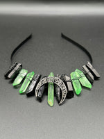 Green & Black Handmade Natural Crystal Crown Headband – Aura-Coated Crystal Points & Crescent Moon