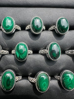 Natural Malachite Adjustable Stainless Steel Ring – Oval Gemstone Cabochon Ring