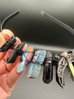 Rainbow & Black Handmade Natural Crystal Crown Headband – Aura-Coated Crystal Points & Crescent Moon