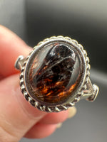 Natural Rutile Quartz Adjustable Stainless Steel Ring – Oval Cabochon – Golden Rutilated Quartz