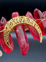 Red & Gold Natural Crystal Crown Headband – Aura-Coated Quartz & Crescent Moon