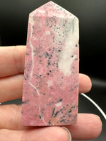 Rhodochrosite Four-Sided Tower #6 – Rose Pink, Cream & Black Matrix Crystal Point