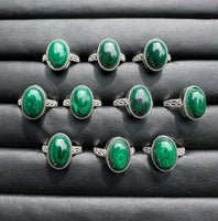 Natural Malachite Adjustable Stainless Steel Ring – Oval Gemstone Cabochon Ring