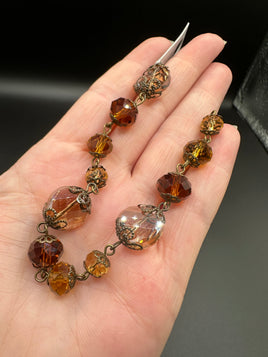 Amber & Champagne Faceted Glass Bead Strand with Antique Brass-Tone Metal