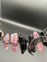 Pink & Black Handmade Natural Crystal Crown Headband – Aura-Coated Crystal Points & Crescent Moon