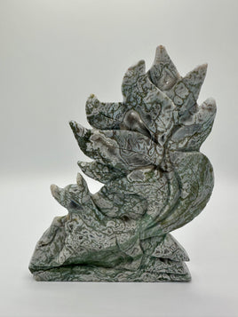 Moss Agate Nine-Tailed Fox Carving with Druzy