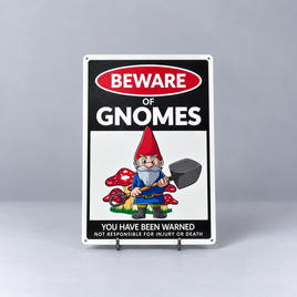 Beware of Gnomes Metal Tin Sign – Funny Garden Warning Wall Decor