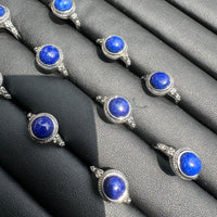 Natural Lapis Lazuli Adjustable Stainless Steel Ring – Round Blue Cabochon Crystal Ring
