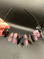 Pink & Black Handmade Natural Crystal Crown Headband – Aura-Coated Crystal Points & Crescent Moon
