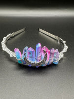 Pink, Blue & Silver Handmade Natural Crystal Crown Headband – Aura-Coated Crystal Points & Crescent Moon