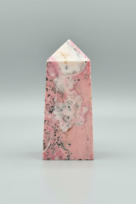 Rhodochrosite Four-Sided Tower #6 – Rose Pink, Cream & Black Matrix Crystal Point
