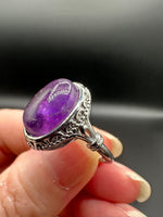 Natural Amethyst Adjustable Stainless Steel Ring – Oval Cabochon Gemstone Ring