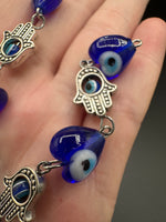 Blue Evil Eye Heart & Hamsa Bead Strand – Glass & Metal Jewelry Making Supplies