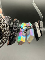 Rainbow & Black Handmade Natural Crystal Crown Headband – Aura-Coated Crystal Points & Crescent Moon