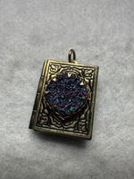 Antique Brass Book Locket Pendant with Iridescent Faux Druzy Accent – Opening Photo Locket Pendant