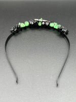Green & Black Handmade Natural Crystal Crown Headband – Aura-Coated Crystal Points & Crescent Moon
