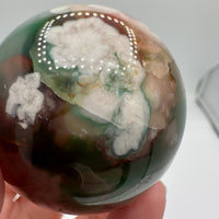 Green & Pink Flower Agate Sphere with Druzy