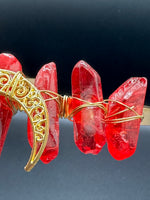 Red & Gold Natural Crystal Crown Headband – Aura-Coated Quartz & Crescent Moon