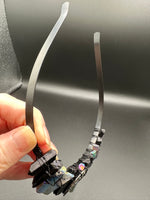 Rainbow & Black Handmade Natural Crystal Crown Headband – Aura-Coated Crystal Points & Crescent Moon