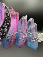 Pink, Blue & Silver Handmade Natural Crystal Crown Headband – Aura-Coated Crystal Points & Crescent Moon