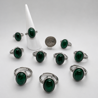 Natural Malachite Adjustable Stainless Steel Ring – Oval Gemstone Cabochon Ring