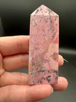 Rhodochrosite Four-Sided Tower #4 – Pink Swirls & Dark Matrix Crystal Point