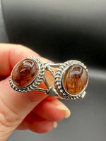 Natural Rutile Quartz Adjustable Stainless Steel Ring – Oval Cabochon – Golden Rutilated Quartz
