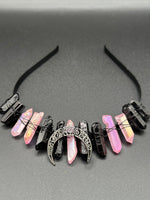 Pink & Black Handmade Natural Crystal Crown Headband – Aura-Coated Crystal Points & Crescent Moon