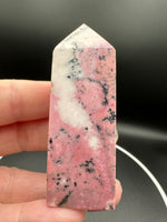 Rhodochrosite Four-Sided Tower #6 – Rose Pink, Cream & Black Matrix Crystal Point