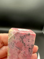 Rhodochrosite Four-Sided Tower #4 – Pink Swirls & Dark Matrix Crystal Point