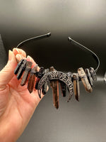 Brown & Black Handmade Natural Crystal Crown Headband – Aura-Coated Crystal Points & Crescent Moon