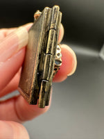 Antique Brass Book Locket Pendant with Iridescent Faux Druzy Accent – Opening Photo Locket Pendant