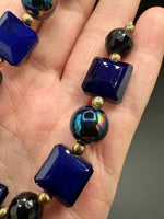 Cobalt Blue Glass Bead Strand with Iridescent & Black Faceted Accents